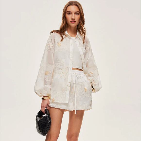 Commense Pants - Commense Semi-Sheer Floral Shorts Set White Women’s Size M